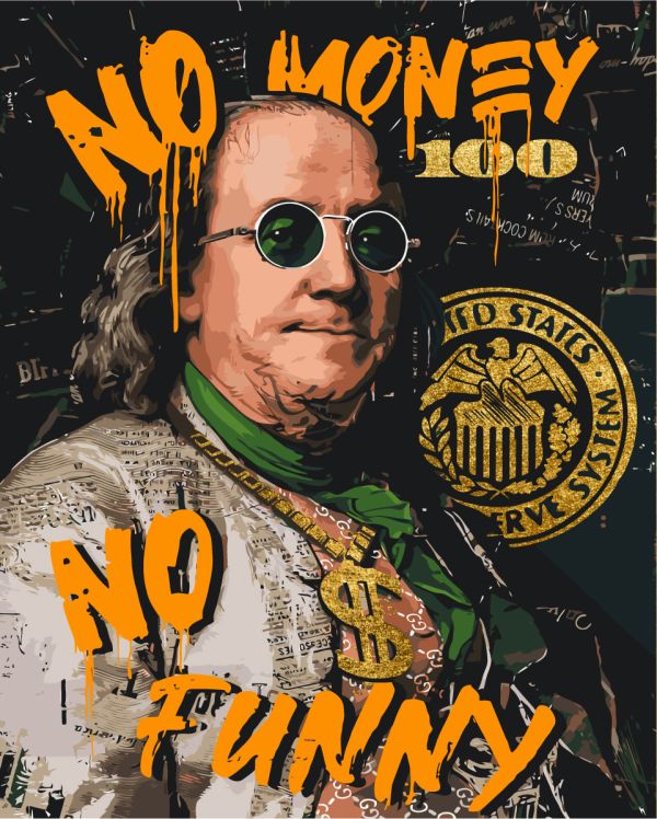 Картина по номерам Бенджамин Франклин. No money no funny. С красками металлик 40*50 см Оригами LW 3284