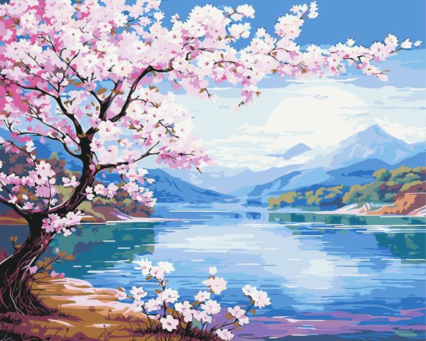 Картина по номерам Пейзаж.Сакура у реки 40*50 см Оригами LW 3488