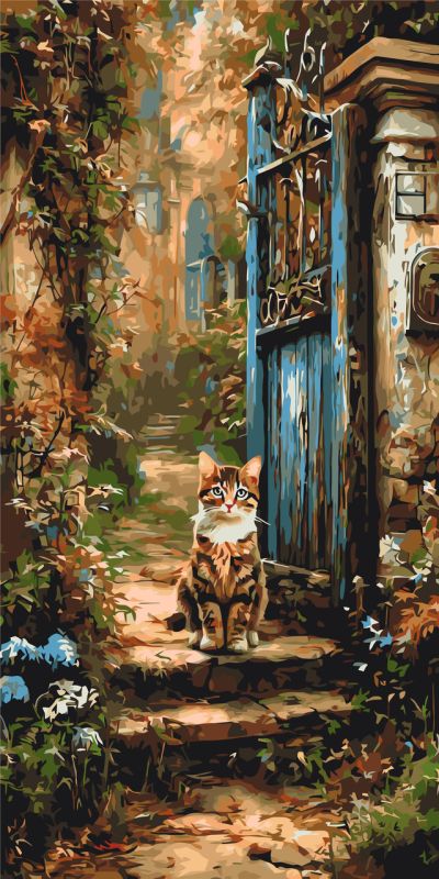 Картина по номерам Пейзаж. Кот у старых ворот. животные © 40*80 см Оригами LW 5210