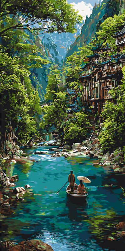 Картина по номерам Пейзаж. Лодка в изумрудном каньоне © 40*80 см Оригами LW 5212