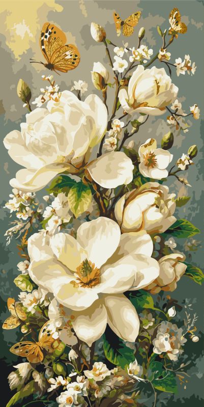 Картина по номерам Магнолии и бабочки с красками металлик. цветы © 40*80 см Оригами LW 5218