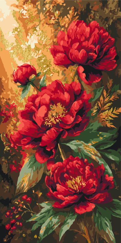 Картина по номерам Цветы. Яркие пионы с красками металлик © 40*80 см Оригами LW 5224