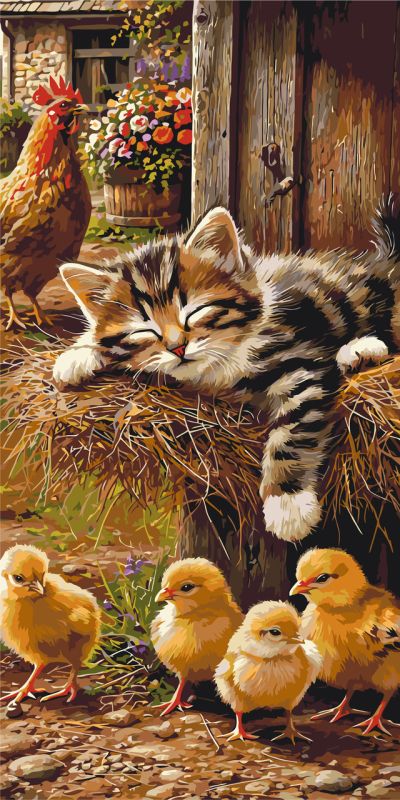 Картина по номерам Животные. Сладкий сон: котенок, петух и цыплята © 40*80 см Оригами LW 5230