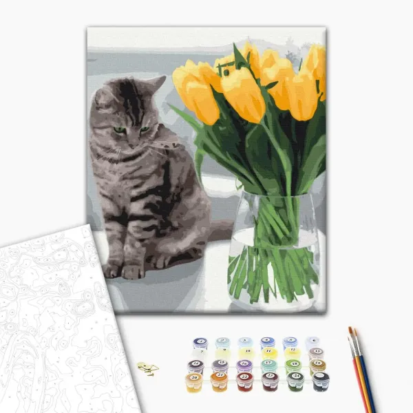 Картина за номерами "Котик з тюльпанами" BS52638L 48×60 см