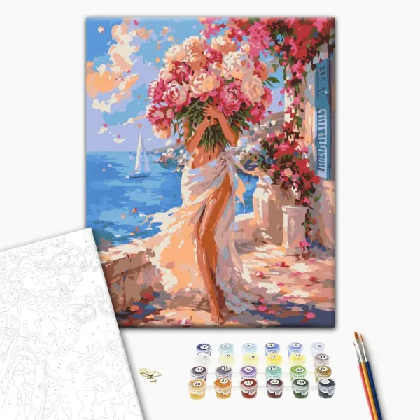 Картина за номерами "Дівчина з букетом біля моря" BS54690 40×50 см