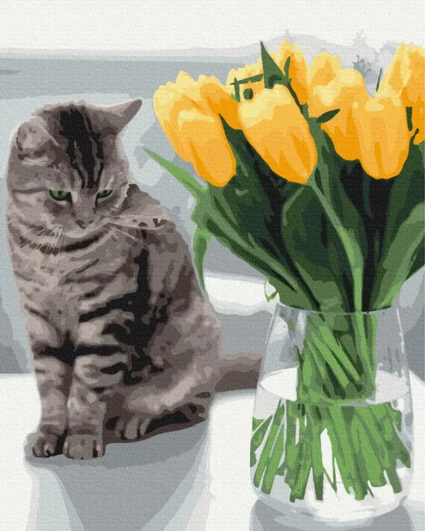 Картина за номерами "Котик з тюльпанами" BS52638L 48×60 см